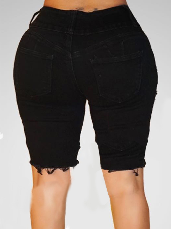 Trendy High Waist Broken Holes Black Cotton Blends Shorts