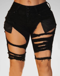 Trendy High Waist Broken Holes Black Cotton Blends Shorts