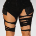 Trendy High Waist Broken Holes Black Cotton Blends Shorts