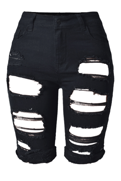 Trendy High Waist Broken Holes Black Skinny Shorts