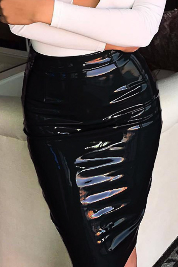  Euramerican High Waist Black Leather Knee Length Skirts