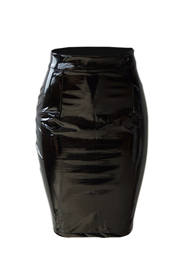  Euramerican High Waist Black Leather Knee Length Skirts