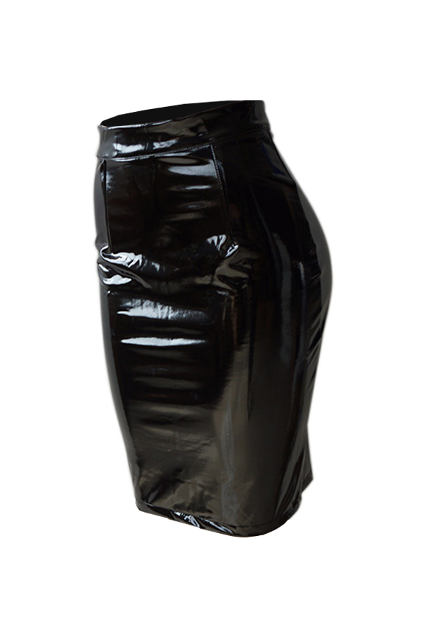  Euramerican High Waist Black Leather Knee Length Skirts