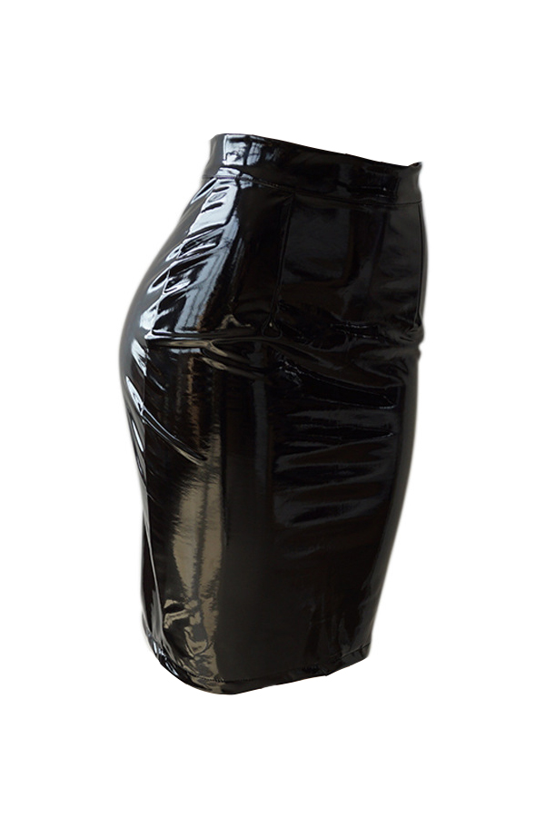  Euramerican High Waist Black Leather Knee Length Skirts