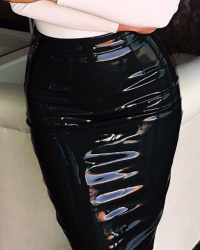  Euramerican High Waist Black Leather Knee Length Skirts