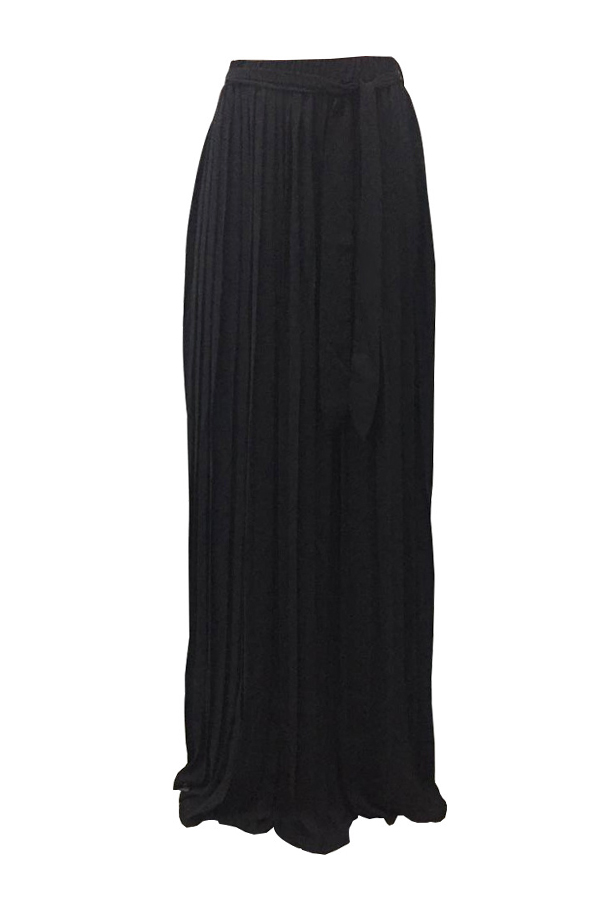  Trendy High Waist Black Polyester Pleated Skirts