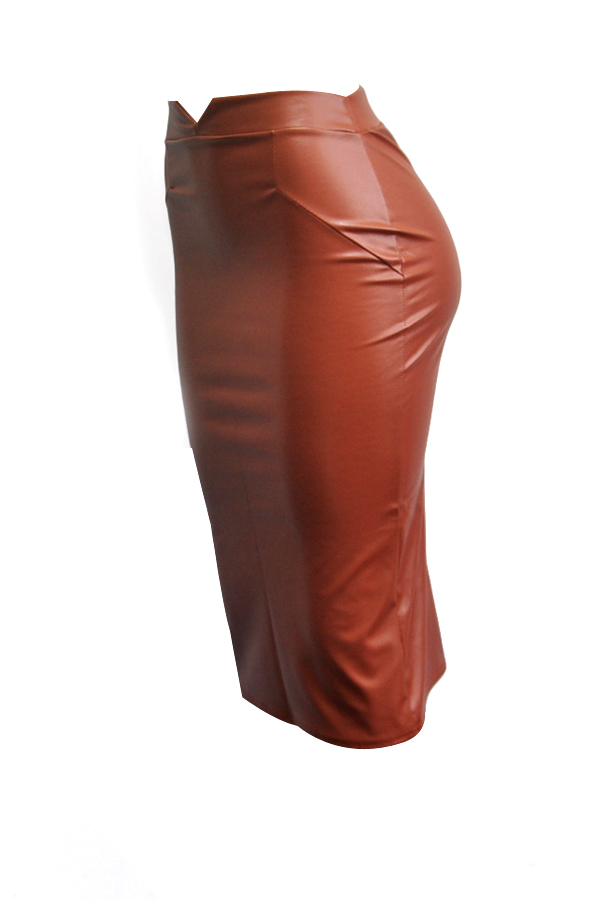  Trendy High Waist Coffee Leather Sheath Knee Length Skirts