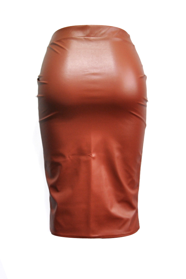  Trendy High Waist Coffee Leather Sheath Knee Length Skirts