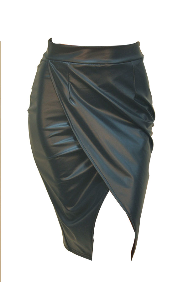  Trendy High Waist Front Split Black-green Leather Knee Length Skirts