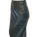  Trendy High Waist Front Split Black-green Leather Knee Length Skirts