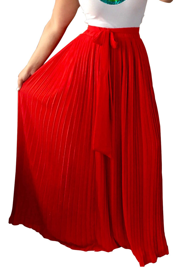  Trendy High Waist Red Polyester Pleated Skirts