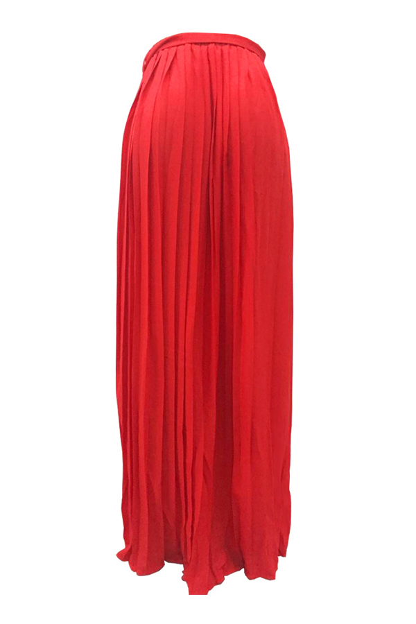  Trendy High Waist Red Polyester Pleated Skirts