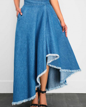 Trendy Asymmetrical Blue Denim Ankle Length Skirts