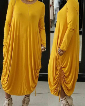  Casual Round Neck Yellow Polyester Mid Calf Dress