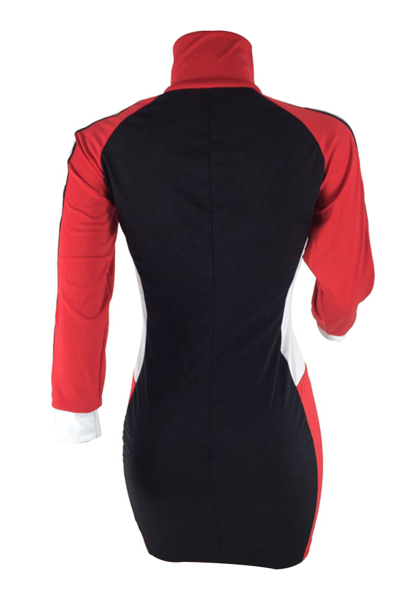  Casual Turtleneck Patchwork Red Polyester Sheath Mini Zipped Dress