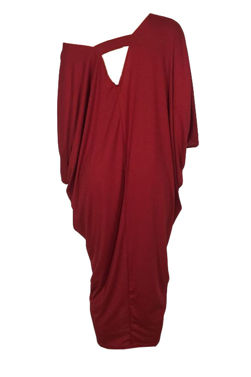  Casual V Neck Hollow-out Wine Red Polyester Mid Calf Dress