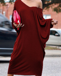  Casual V Neck Hollow-out Wine Red Polyester Mid Calf Dress