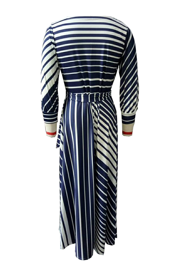  Causal V Neck Stripe Printed Blue Healthy Fabric Ankle Length Dress(Without Necklace)