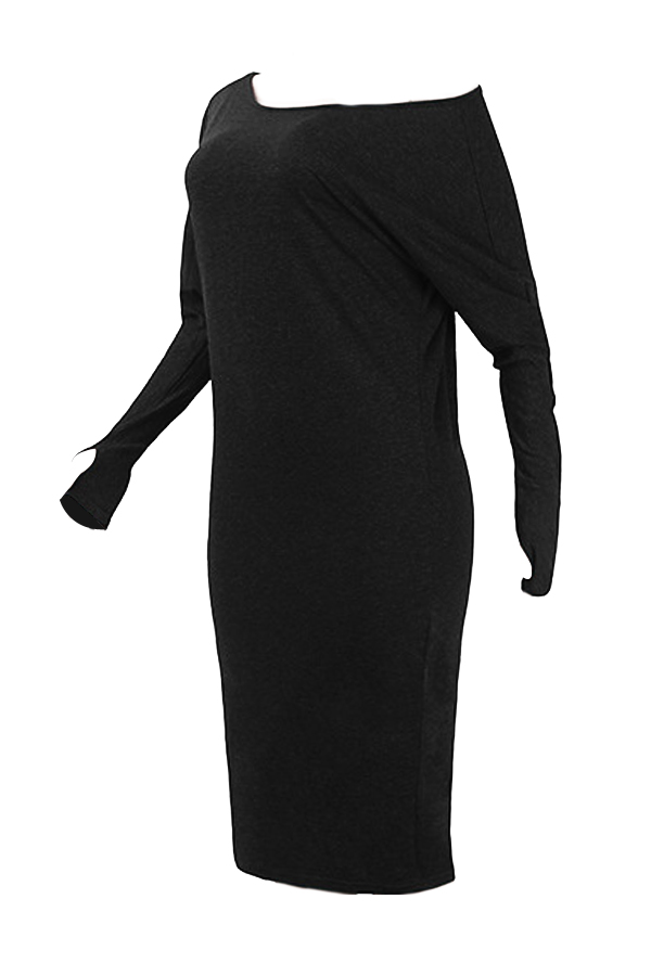  Euramerican Dew Shoulder Black Cotton Blend Sheath Mid Calf Dress