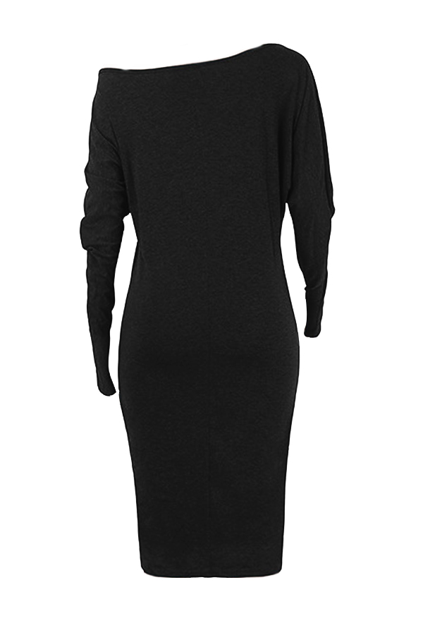  Euramerican Dew Shoulder Black Cotton Blend Sheath Mid Calf Dress