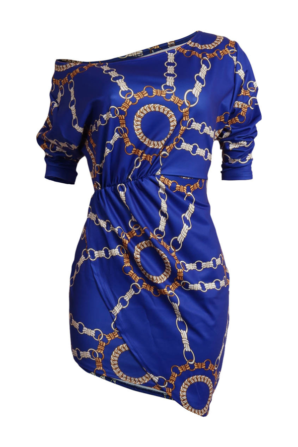  Euramerican Dew Shoulder Chain Printing Blue Polyester Sheath Mini Dress