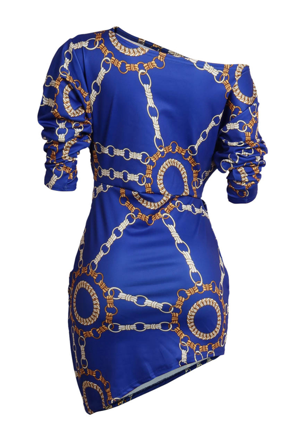  Euramerican Dew Shoulder Chain Printing Blue Polyester Sheath Mini Dress