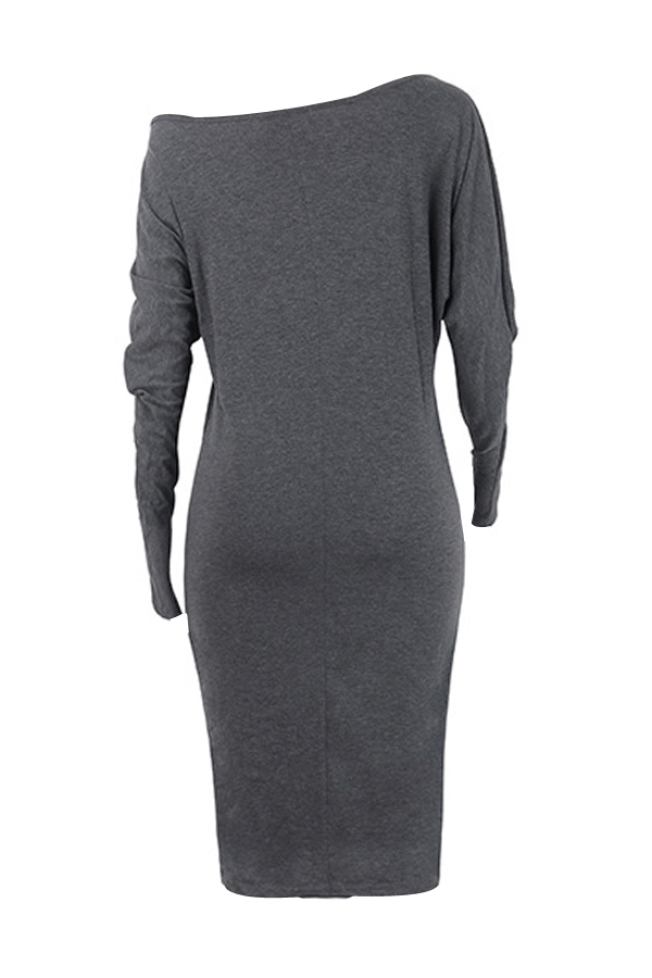  Euramerican Dew Shoulder Grey Cotton Blend Sheath Mid Calf Dress