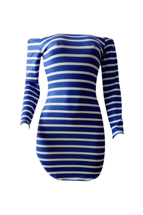  Euramerican Dew Shoulder Striped Blue-white Milk Fiber Sheath Mini Dress