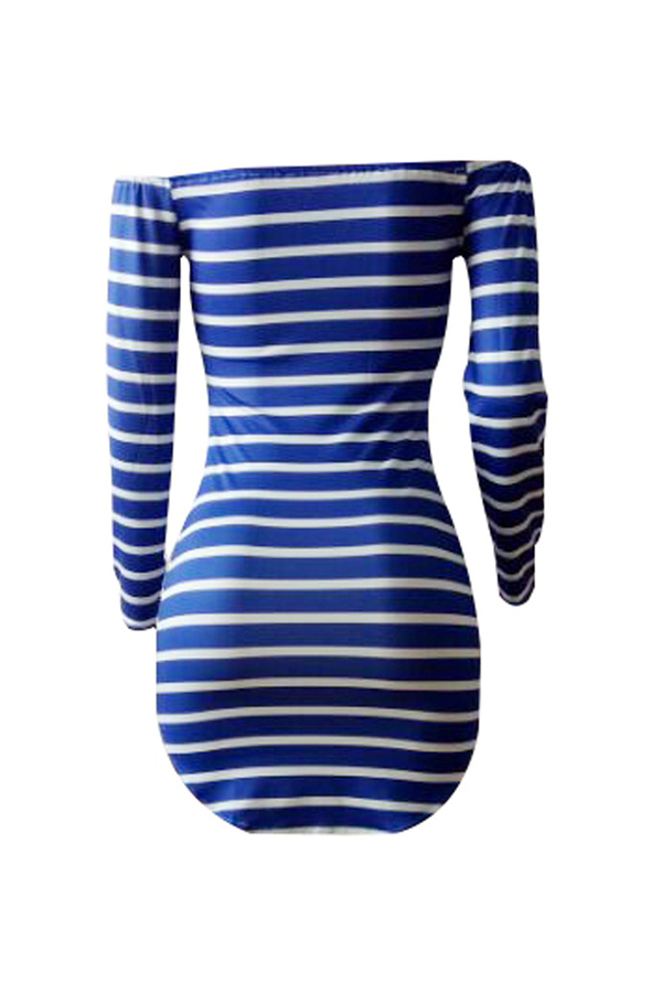  Euramerican Dew Shoulder Striped Blue-white Milk Fiber Sheath Mini Dress