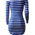  Euramerican Dew Shoulder Striped Blue-white Milk Fiber Sheath Mini Dress