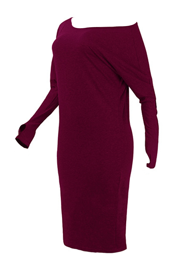  Euramerican Dew Shoulder Wine Red Cotton Blend Sheath Mid Calf Dress