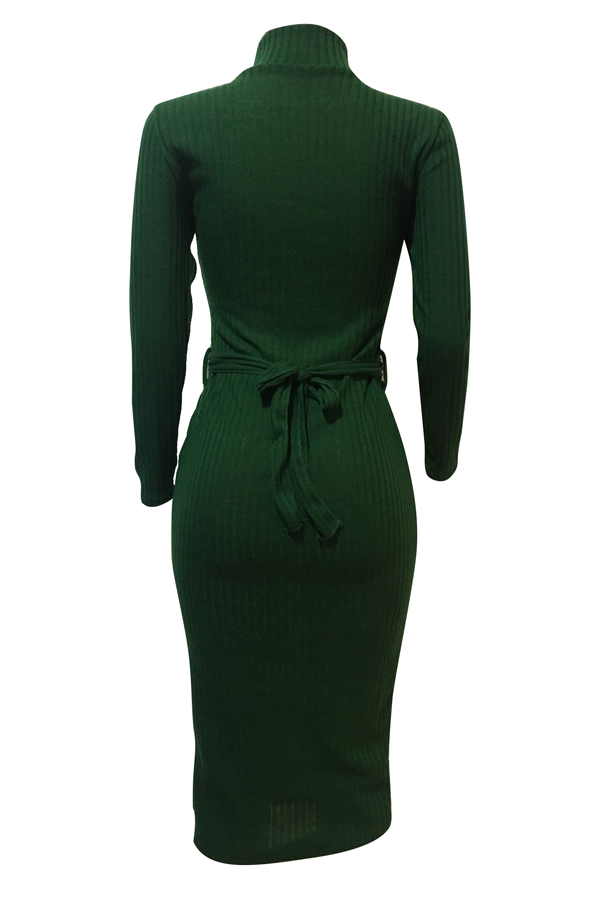  Euramerican Long Sleeves Green Polyester Sheath Mid Calf Dress