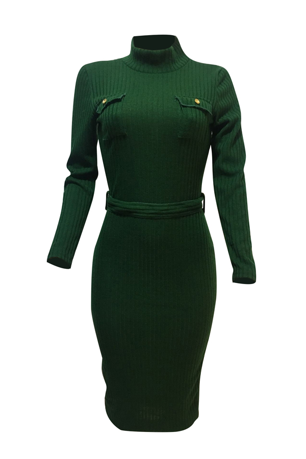  Euramerican Long Sleeves Green Polyester Sheath Mid Calf Dress