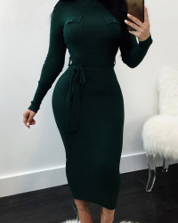  Euramerican Long Sleeves Green Polyester Sheath Mid Calf Dress