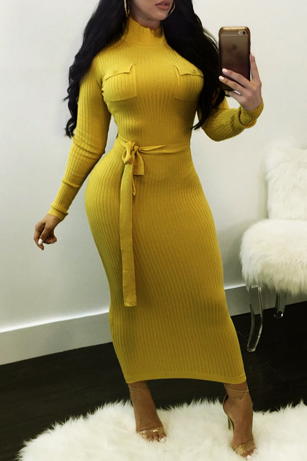  Euramerican Long Sleeves Yellow Polyester Sheath Mid Calf Dress