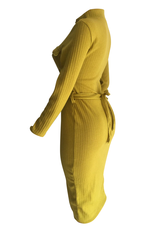  Euramerican Long Sleeves Yellow Polyester Sheath Mid Calf Dress