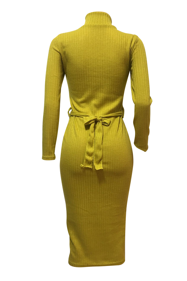  Euramerican Long Sleeves Yellow Polyester Sheath Mid Calf Dress