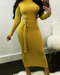  Euramerican Long Sleeves Yellow Polyester Sheath Mid Calf Dress