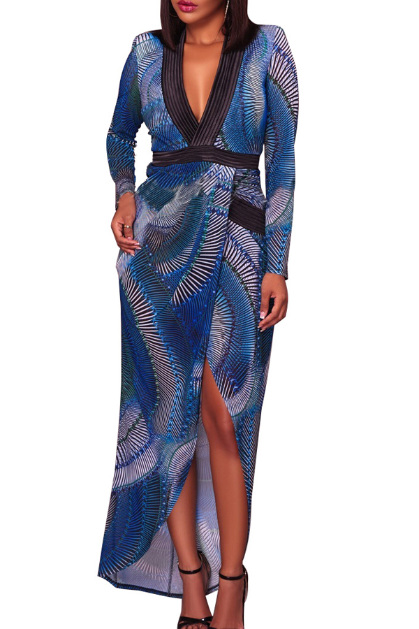  Euramerican Printed Asymmetrical Blue Healthy Fabric Sheath Ankle Length Dress