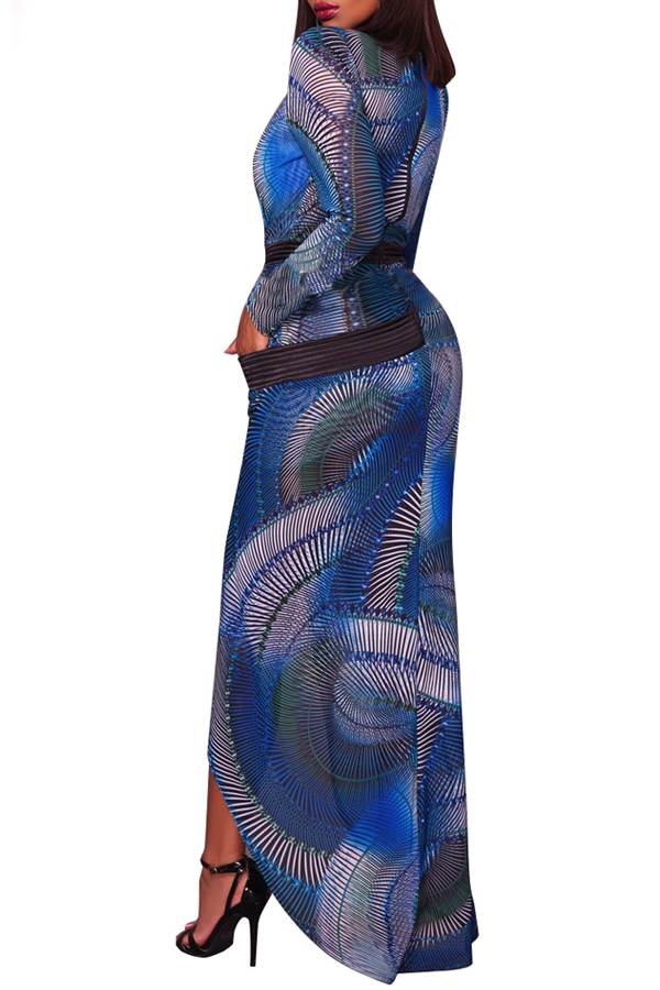  Euramerican Printed Asymmetrical Blue Healthy Fabric Sheath Ankle Length Dress