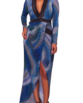  Euramerican Printed Asymmetrical Blue Healthy Fabric Sheath Ankle Length Dress