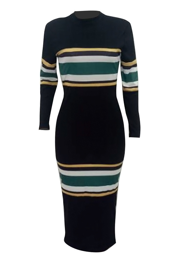  Euramerican Round Neck Striped Patchwork Black Polyester Mid Calf Dress