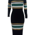  Euramerican Round Neck Striped Patchwork Black Polyester Mid Calf Dress