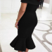  Fashion Bateau Neck Falbala Design Black Polyester Mid Calf Dress