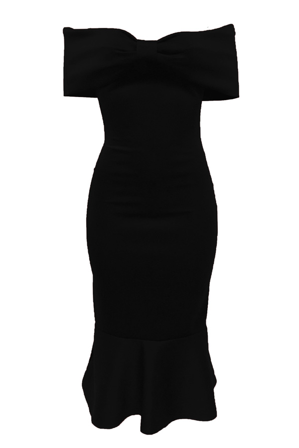  Fashion Bateau Neck Falbala Design Black Polyester Mid Calf Dress