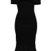  Fashion Bateau Neck Falbala Design Black Polyester Mid Calf Dress