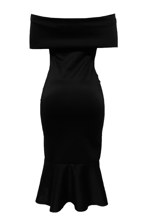  Fashion Bateau Neck Falbala Design Black Polyester Mid Calf Dress