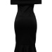  Fashion Bateau Neck Falbala Design Black Polyester Mid Calf Dress