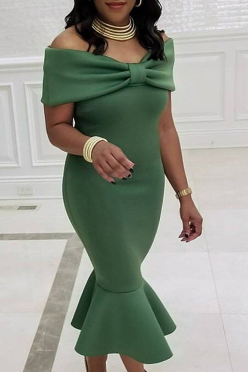  Fashion Bateau Neck Falbala Design Dark Green Polyester Mid Calf Dress