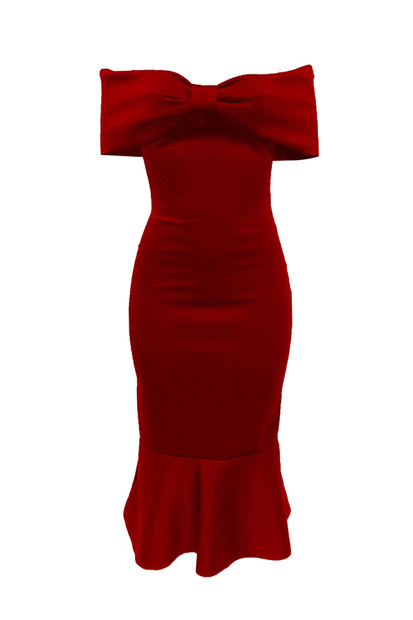  Fashion Bateau Neck Falbala Design Red Polyester Mid Calf Dress